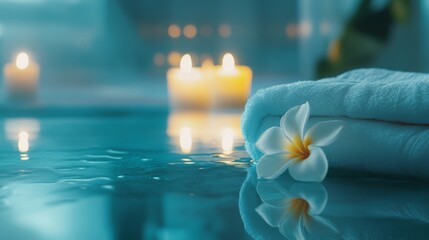 Poster - A soothing spa environment features a neatly folded towel beside a calm water surface.