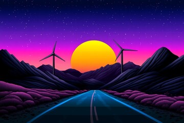 Poster - A vibrant pixel art scene of a wind turbine farm spinning in a colorful animated sunset with retro vibes