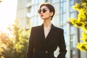 Wall Mural - A 45-year-old Japanese woman, wearing a sleek black pantsuit, confidently posing outdoors in natural sunlight, showcasing modern elegance, high detail 5