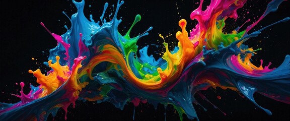 Wall Mural - Colorful splash of liquid paint on dark black background. Vibrant rainbow colors fluid burst header design wallpaper.	