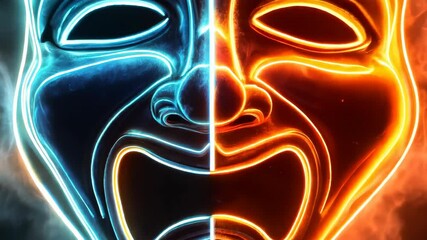 Poster - tragedy theater mask morphs and changes expressions, shifting between blue and orange hues against a