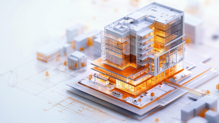 Poster - modern building on architectural plans, showcasing design details