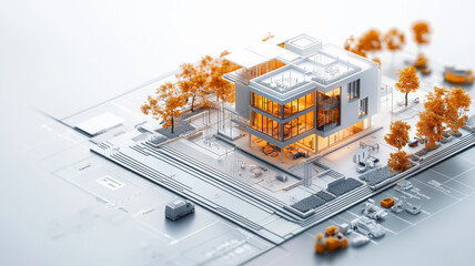 Poster - modern building design showcased with architectural plans and vibrant trees