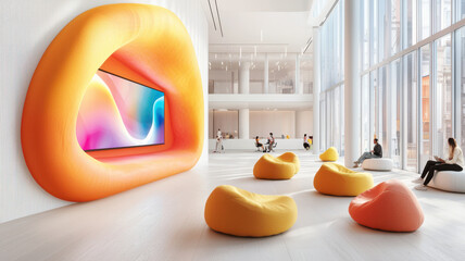 Poster - Modern collaborative office with vibrant seating and large screen