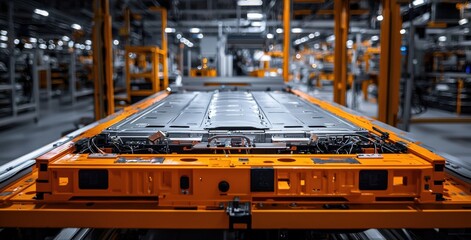 Poster - Close-up view of an electric vehicle battery in a factory