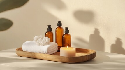 Poster - Natural beauty products are elegantly arranged on a wooden tray, featuring amber bottles, a soft towel, and a lit candle. The design emphasizes eco-friendliness and tranquility in a serene setting.