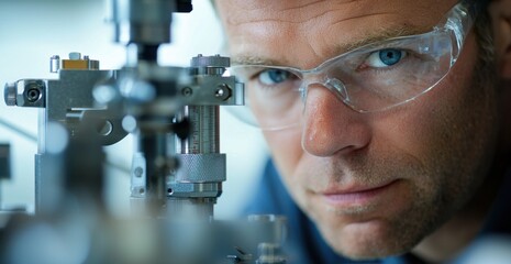 Poster - Close-up of an engineer examining machinery with intense concentration