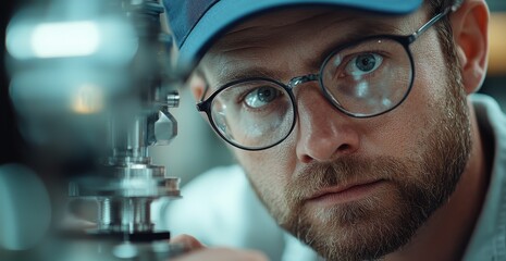 Poster - Focused engineer examining intricate machinery components in industrial setting
