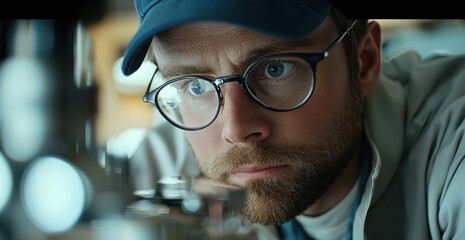 Poster - Focused engineer examining equipment in a close-up portrait
