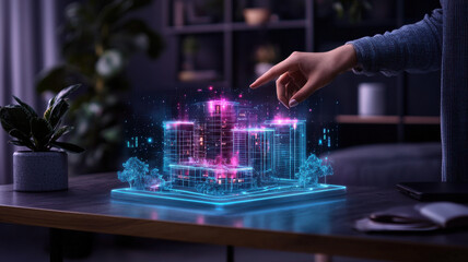 Poster - futuristic workspace showcasing holographic city model with vibrant colors