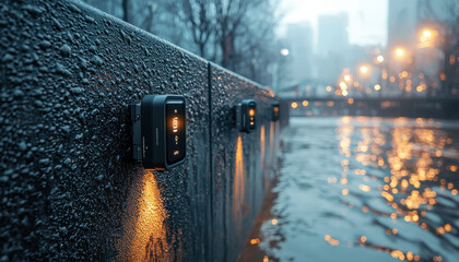 Poster - High tech IoT sensors on wet urban bridge at night, glowing softly