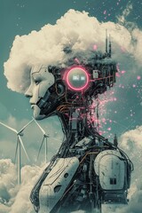 Wall Mural - Futuristic humanoid robot with cloud and neon elements