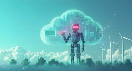 Poster - Digital cloud and mechanical robot in a futuristic landscape