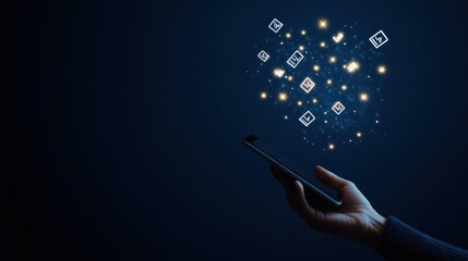 Poster - Hand holding phone with digital icons.