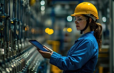 Poster - Female engineer in blue overalls using tablet in factory setting