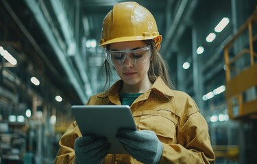 Poster - Female engineer uses digital tablet in industrial factory setting