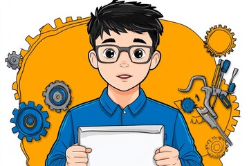 Poster - A 2D illustration of an engineer holding a blueprint with gears and tools in the background, drawn in vibrant colors on a white background