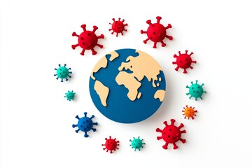Aufkleber - A bold infographic-style design of a globe surrounded by abstract virus symbols, with clean lines and soft pastel tones