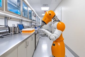 Aufkleber - A busy testing lab with robotic devices processing samples, and scientists monitoring progress on digital screens