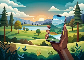 Poster - Dark-Skinned Hand Holding Mobile Phone While Texting in a Minimalist Landscape Setting - Flat Design Illustration for Modern Communication Themes