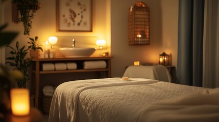 Aufkleber - Soft candlelight illuminates a serene spa room featuring comfortable treatment tables and a soothing atmosphere.