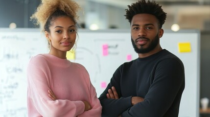 Wall Mural - Two Coworkers Standing at Whiteboard Brainstorming Ideas in Modern Office Environment