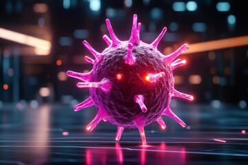 Poster - A dramatic image of a virus model floating in an ethereal dark void, with glowing spikes representing its structure