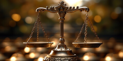 Wall Mural - justice concept. a balance scale in a dark court room. hand edited generative ai.