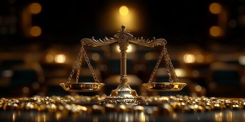 Wall Mural - justice concept. a balance scale in a dark court room. hand edited generative ai.