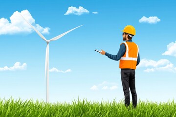 Poster - A flat vector of a wind turbine with a silhouette of an engineer inspecting it, drawn with clean lines and soft gradients