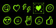 © Mariia - 3D emoji pixelated icon set. Various futuristic elements. Y2k modern collage stickers in pixel art. Emoticon. Smile face, kiss, sad face, heart and hand. 8 bit retro style vector illustration on black