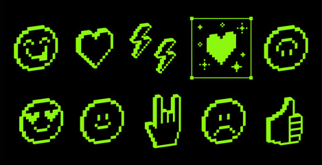 Poster - 3D emoji pixelated icon set. Various futuristic elements. Y2k modern collage stickers in pixel art. Emoticon. Smile face, kiss, sad face, heart and hand. 8 bit retro style vector illustration on black