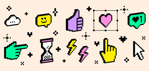 Fototapete - 3D vintage social media icon emoji. Pixel art. Y2k modern online communication collage sticker set. Smile face, like, speech bubble message. 3D bright geometric objects isolated on white background