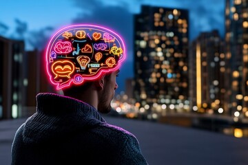 Aufkleber - A futuristic depiction of emotions as glowing holographic symbols above a person head, surrounded by a sleek, high-tech environment