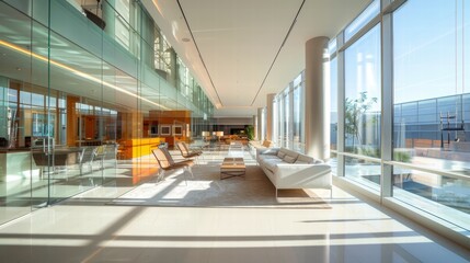 Poster - Modern Bright Living Room with Glass Walls and Sunlight Streaming In