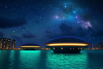 Aufkleber - A futuristic floating energy station powered by solar, wind, and tidal generators, glowing softly above a shimmering ocean under a starry sky