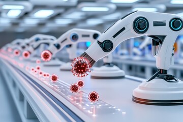 Poster - A futuristic lab with glowing holograms showing virus structures, while robotic arms analyze samples in the background
