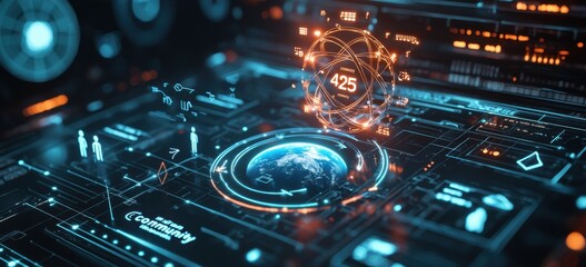 Poster - Futuristic high-tech interface with digital earth and data visualization