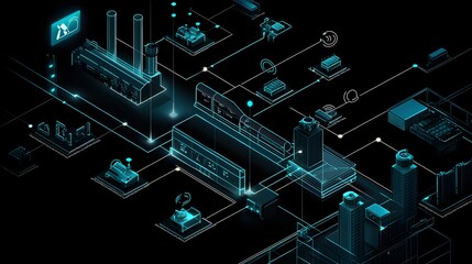 Fototapete - an infographic illustrating the importance of interoperability in IoT devices, showcasing various systems and protocols working together seamlessly in an industrial context