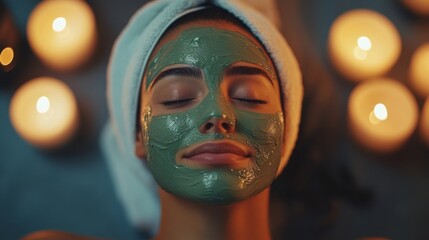 Poster - Woman lies back in a serene setting enjoying a soothing green face mask surrounded by warm candles. The ambience enhances the spa experience, promoting relaxation and self-care.