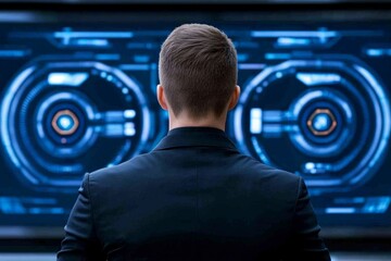 Poster - A high-tech entrepreneur in a futuristic workspace with holographic screens showing business analytics and robotic assistants