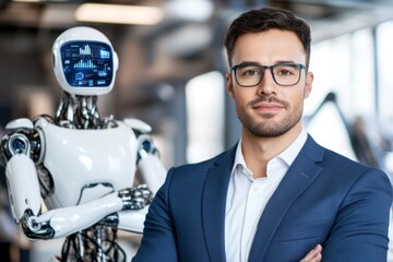 Poster - A high-tech entrepreneur in a futuristic workspace with holographic screens showing business analytics and robotic assistants