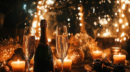 Poster - Festive Champagne with Candles and Bokeh Lights
