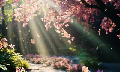 Wall Mural - serene garden with cherry blossoms and sunlight rays.