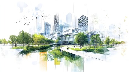 Poster - A conceptual design of regenerative design principles, highlighting systems that restore and replenish natural resources, integrated into a modern urban environment