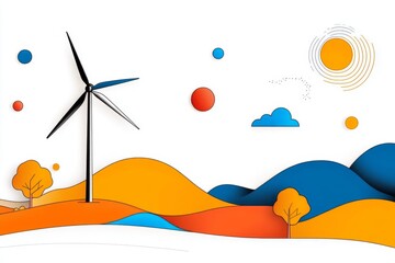 Aufkleber - A minimalist line drawing of a single wind turbine, paired with abstract circular patterns representing wind currents, on a white background