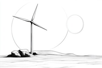 Aufkleber - A minimalist line drawing of a single wind turbine, paired with abstract circular patterns representing wind currents, on a white background