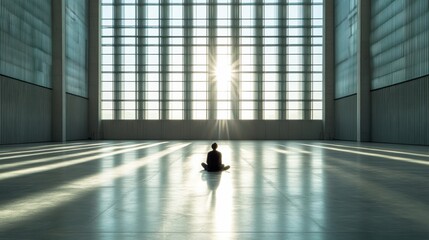 Poster - A person sits cross-legged on the polished floor of a spacious gallery, basking in warm sunlight filtering through tall windows. Generative AI