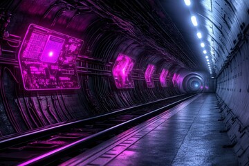 A neon-drenched cyberpunk energy station, with holographic panels and glowing cables transferring power to sleek futuristic vehicles