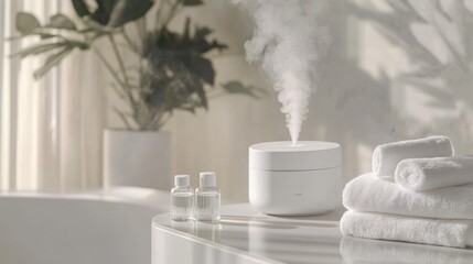 Poster - A calming environment features an elegant diffuser releasing a gentle mist amidst soft towels and small glass bottles.